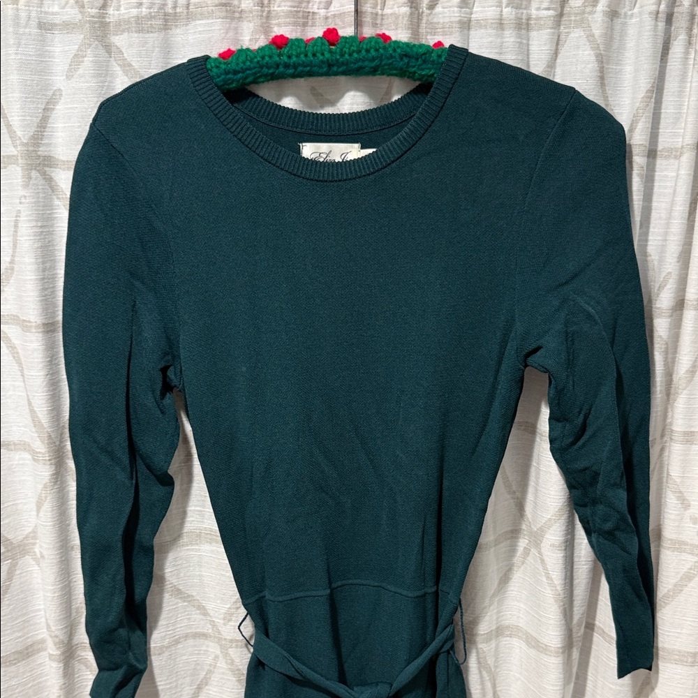 Eliza J Small Dark Teal Long Sleeve Knit Dress with Waist Tie